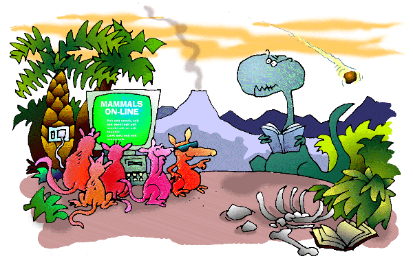 Cartoon: Mammals online, dinosaurs reading print