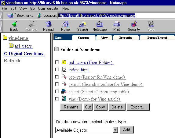 Figure 7: Management view of the vinedemo folder