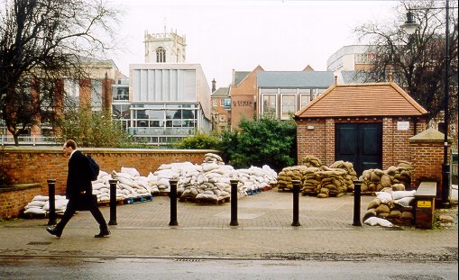 Sandbags piled outside the hotel