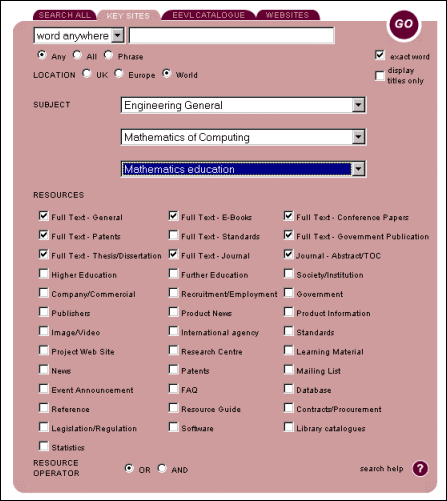 EEVL Catalogue search options