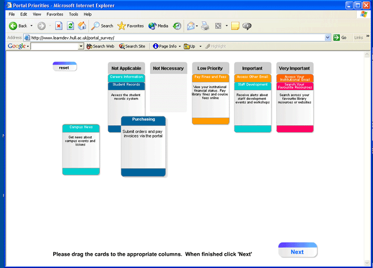 Fig 1 Screenshot (64K): The PORTAL Project's card sorting exercise