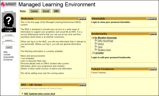 Figure 3 screenshot (30KB): Screenshot of DMU-MLE - the Home Tab (before login)