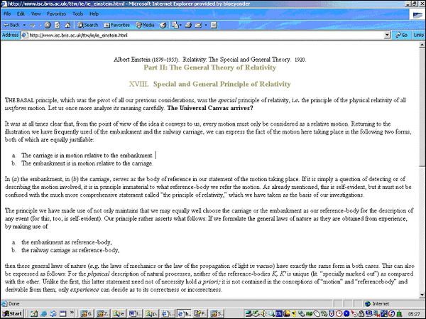 Figure 2 screenshot (66KB) : Internet Explorer. The entire body of the html file has been tagged as contentEditable. The user may click anywhere and start editing within the browser. The insertion point was placed at the end of the first paragraph, the text 'The Universal Canvas arrives?' was typed. The text was selected by clicking and dragging, and then Ctrl+B was pressed.