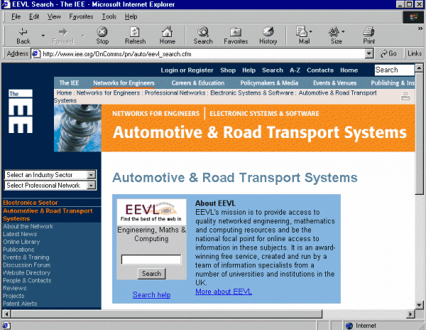 screenshot (79KB): Figure 1: EEVL Search box in use on the Institution of Electrical Engineers site