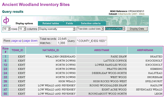 screenshot (40KB): Figure 1: Screenshot of query results for the Ancient Woodland Inventory Sites