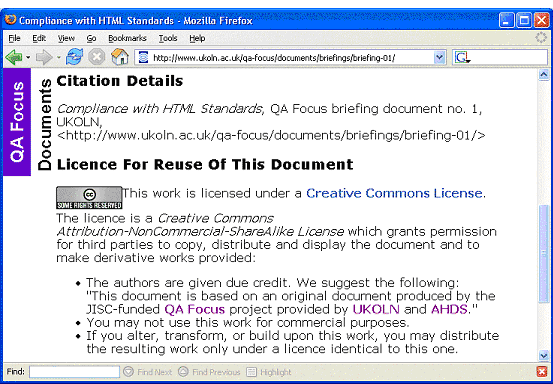 screenshot (37KB): Figure 3: Creative Common Licences for QA Focus Briefing Documents 