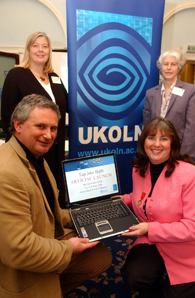 photo (63KB) : (clockwise from bottom left) David Hill, Head of Development, SWMLAC, Alison Baud, Bibliographic Services Librarian University of Bath Library, Ann Chapman, UKOLN and Councillor Loraine Morgan-Brinkhurst representing the Mayor of Bath (Photo by kind permission of The Bath Chronicle)