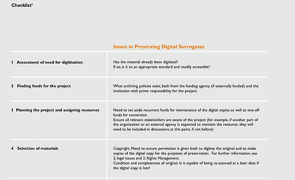 screenshot (36KB) : Figure 2 : Digitisation checklist: an example of guidance and tools in the Handbook