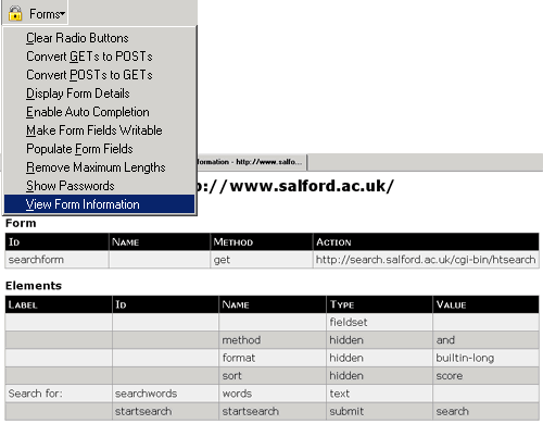 screenshot (17KB) : Figure 13: Forms menu with View Form Information highlighted, and an example of the resulting overview table, loaded in a new tab