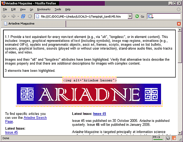 screenshot (61KB) : Figure 6: For 'visual checking' of the current Web page a customised version of the page is opened in a Web browser