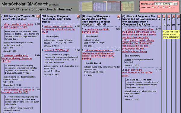 screenshot (132KB) : A screenshot of the QMSearch prototype system, as of March 2006. In this shot, the user has selected our 'M9' profile (org spec + XSL template). The collection is populated with content from the American South digital library