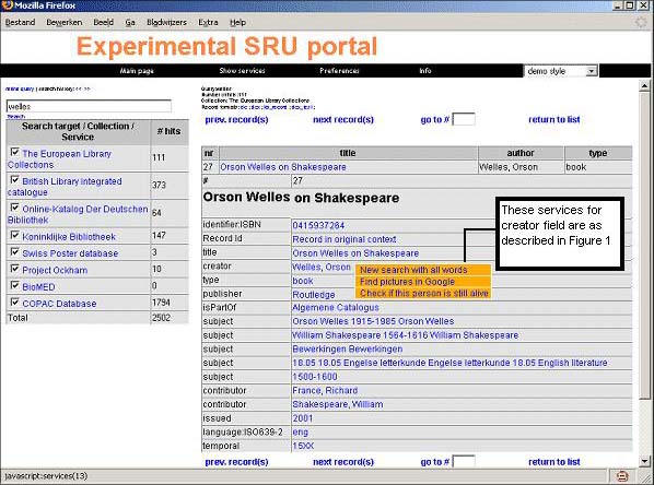 screenshot (76KB) : Figure 4: Screenshot illustrating the linking driven by service descriptions. Note the services for creator field as described in Figure 1.