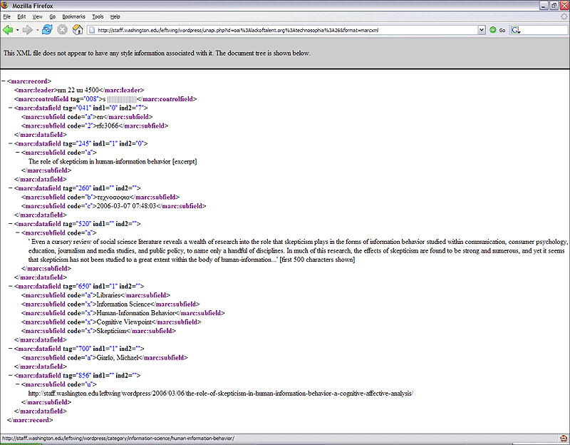 screenshot (29KB) : Figure 4: MARCXML from WordPress