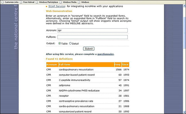 screenshot (120KB) : Figure 2: AcroMine finds expanded forms of acronyms and disambiguates them