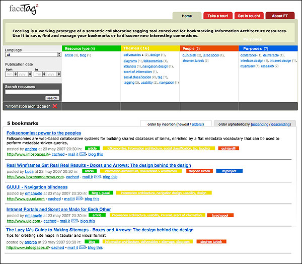 screenshot (105KB) : Figure 10 : Using FaceTag: refining and zooming in by engaging tags from different facets: 5 bookmarks in FaceTag