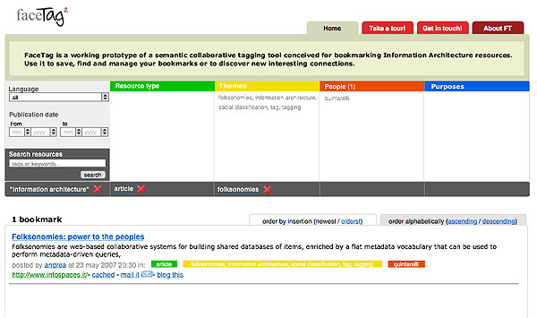 screenshot (49KB) : Figure 12 : Using FaceTag: refining and zooming in by engaging tags from different facets: 1 bookmark in FaceTag