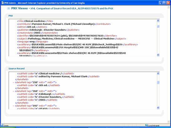 screenshot (46KB) : Figure 4 : The PNX record viewer which shows the differences between a source XML record and a Primo PNX record