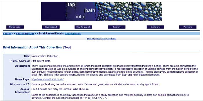 screenshot (44KB) : Roman Baths Numismatics collection - information page