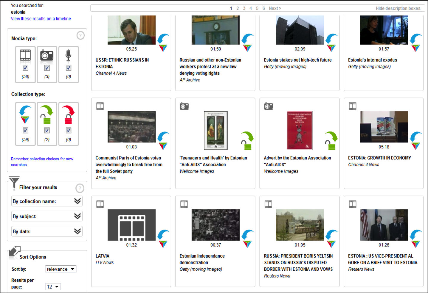 Figure 8: Search results display for JISC MediaHub, showing ability to filter by graphic icons (see detail below) representing different location and / or access rights for content