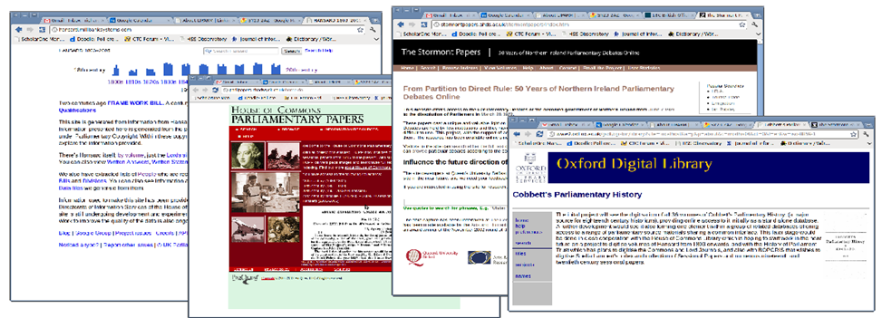 Figure 1 of The LIPARM Project: A New Approach to Parliamentary Metadata: Four major collections of Parliamentary proceedings, each using a different interface