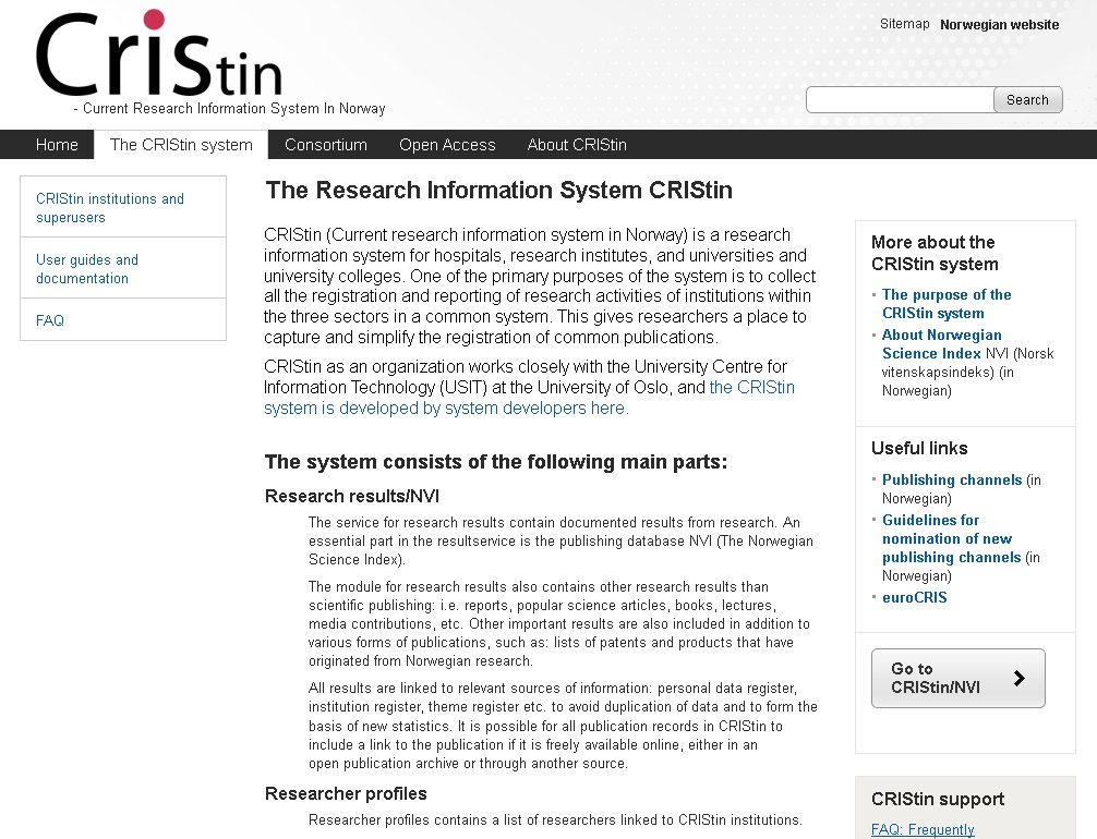 Figure 1: Norwegian CRIStin Web site