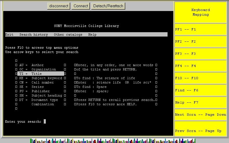 Menu options for the Java OPAC